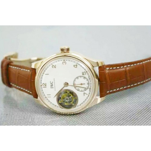 IWC Portuguese Flying Tourbillon 18K Rose Gold Wrapped  White Dial on Brown Leather Strap