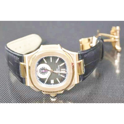 Patek Philippe Nautilus Chrono 18K Rose Gold Wrapped Black Textured Dial on Black Leather Strap A7750
