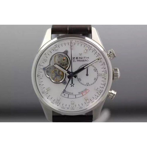 Zenith El Primero SS AXF Silver Dial Diamonds Markers on Black Leather Strap Asian Manual Winding Chrono Movement Zenith El Primero SS AXF Silver Dial Diamonds Markers on Black Leather Strap Asian Manual Winding Chrono Movement