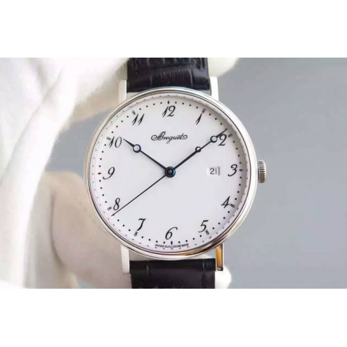 Breguet Classique Auto SS White Dial Number Markers on Black Leather Strap MIYOTA 9015