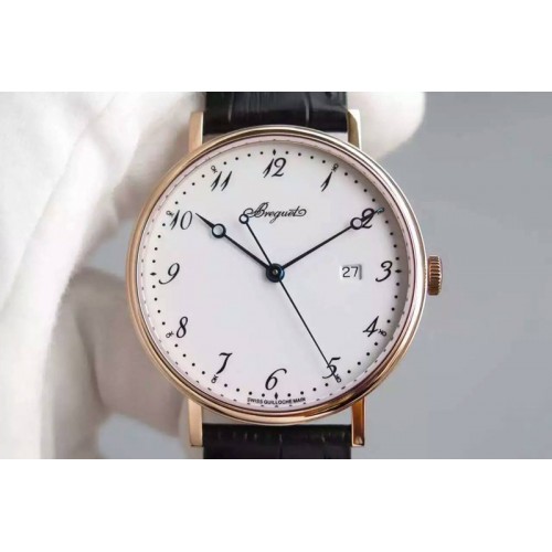 Breguet Classique Auto RG White Dial Number Markers on Black Leather Strap MIYOTA 9015