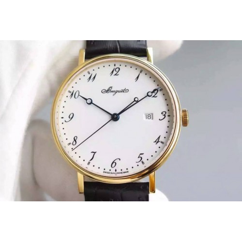 Breguet Classique Auto YG White Dial Number Markers on Black Leather Strap MIYOTA 9015