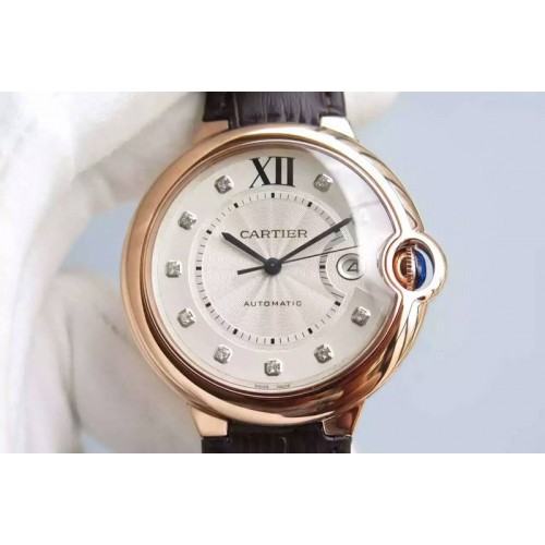 Cartier Ballon Bleu 42mm RG JF Best Edition White Dial Diamonds Markers on Leather Strap
