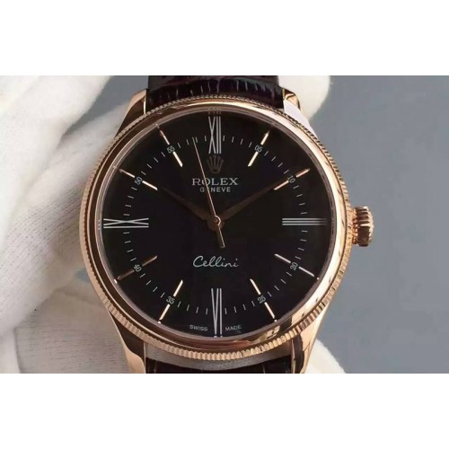Rolex Cellini 50509 MK V2 Best Edition RG Black Sticks Dial on Brown Leather Strap A3132