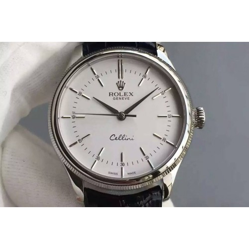 Rolex Cellini 50509 MK V2 Best Edition SS White Sticks Dial on Black Leather Strap A3132