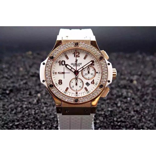 Hublot Big Bang 44mm Gold Diamond Bezel White Dial JF on White Rubber Strap Asian 7750