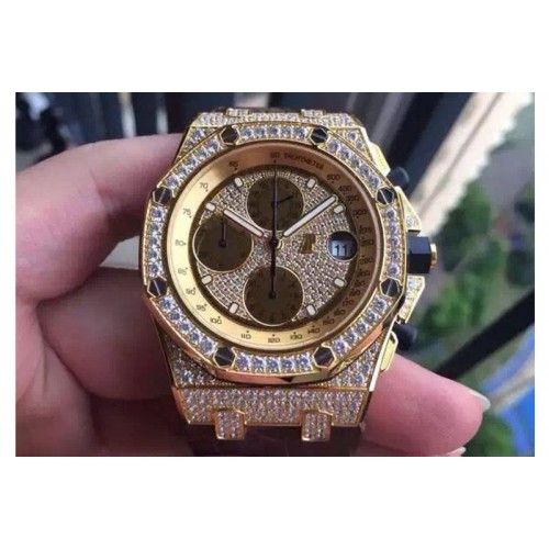 Audemars Piguet Royal Oak Offshore YG Full Paved Diamonds JF Best Edition on Black Leather Strap A7750