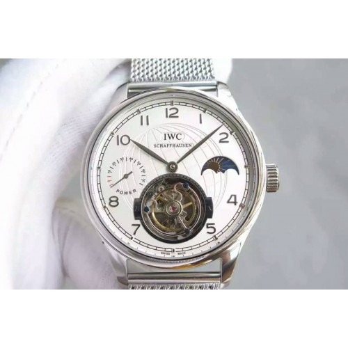 IWC Portuguese Tourbillon Power Reserve Moonphase SS White Dial on SS Mesh Bracelet