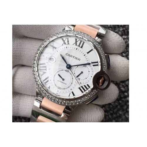 Ballon Bleu De Cartier Chrono 47mm SS White Textured Dial Diamond Bezel on SS/RG Bracelet A7750