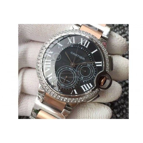Ballon Bleu De Cartier Chrono 47mm SS Black Textured Dial Diamond Bezel on SS/RG Bracelet A7750