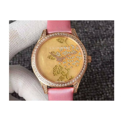 L.U.C Urushi Ladies RG Full Paved Diamonds Case Pink Dial on Gold Fabric Strap Micro-Rotor Movement