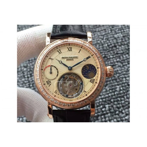 Patek Philippe Classic Tourbillon RG AXF Gold Textured Dial Diamond Bezel on Black Leather Strap Patek Philippe Classic Tourbillon RG AXF Gold Textured Dial Diamond Bezel on Black Leather Strap