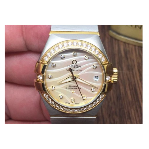 Omega Double Eagle Ladies 27mm Auto YG/SS Gold Mop Diamond Bezel J-Miyota 8205 Omega Double Eagle Ladies 27mm Auto YG/SS Gold Mop Diamond Bezel J-Miyota 8205