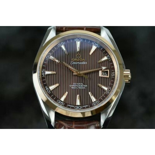 Omega Aqua Terra 150M SS 1:1 Best Edition Brown Textured Dial RG Bezel on Leather Strap A8500