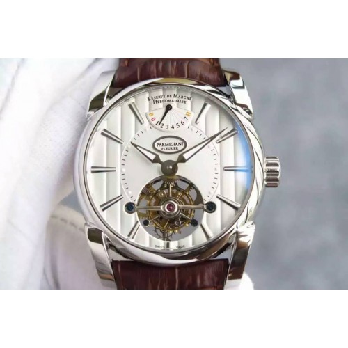 Parmigiani Fleurier Tonda Tourbillon Real PR SS White Dial on Brown Leather Strap