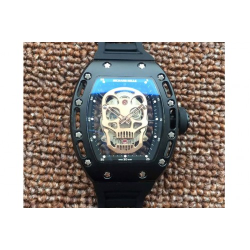 Richard Mille RM 052 Skull Watch PVD Gpld Dial on Black Rubber Strap 6T51