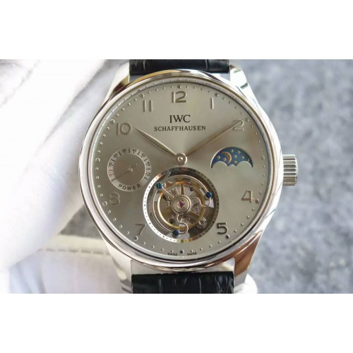 IWC Portuguese Tourbillon Power Reserve Moonphase SS Grey Dial on Black Leather Strap