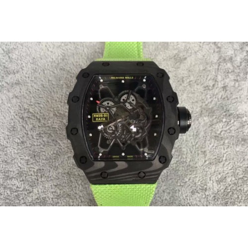 Richard Mille RM 035 Forge Carbon Black Inner Bezel Skeleton Dial on Green Nylon Strap MIYOTA9015