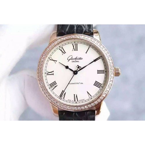 Glashutte Original Senator Excellence RG White Dial Diamonds Bezel on Black Leather Strap A36