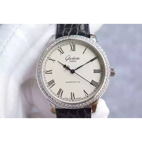 Glashutte Original Senator Excellence SS White Dial Diamonds Bezel on Black Leather Strap A36