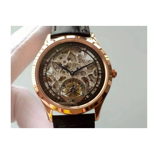 Jaeger-LeCoultre Master Ultra Thin Tourbillon RG Skeleton Dial Black Inner Bezel on Black Leather Strap