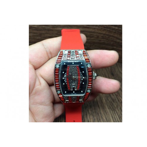 Richard Mille RM 007 Lady SS Full Paved Red Crystal Case Diamonds Dial on Red Rubber Strap 6T51