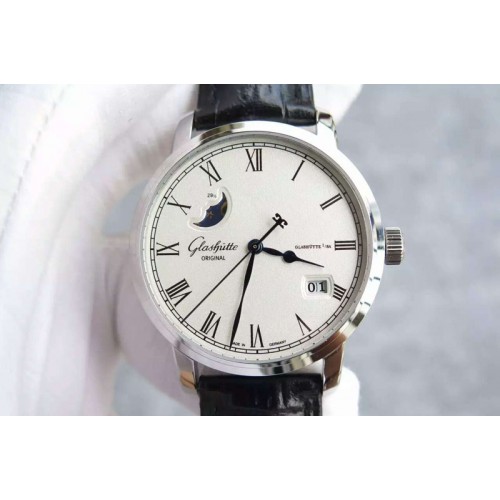 Glashutte Original Senator Moonphase SS White Dial on Black Leather Strap Cal.100-04