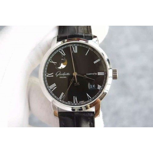 Glashutte Original Senator Moonphase SS Black Dial on Black Leather Strap Cal.100-04