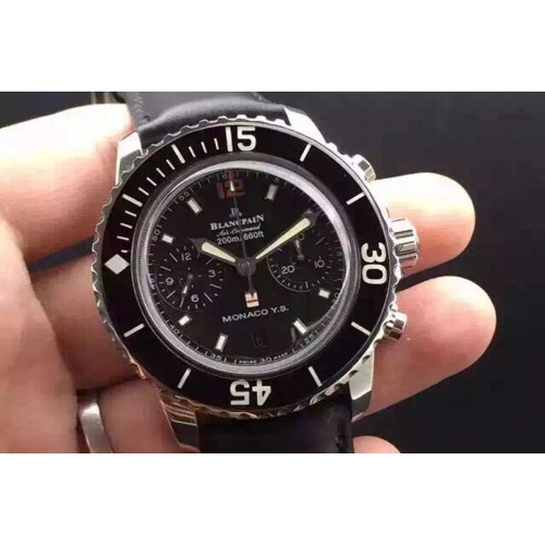 Blancpain Fifty Fathoms Chrono SS Black Monaco Dial on Black Leather Strap A7750