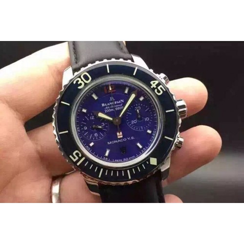 Blancpain Fifty Fathoms Chrono SS Blue Dial Blue Bezel on Black Leather Strap A7750