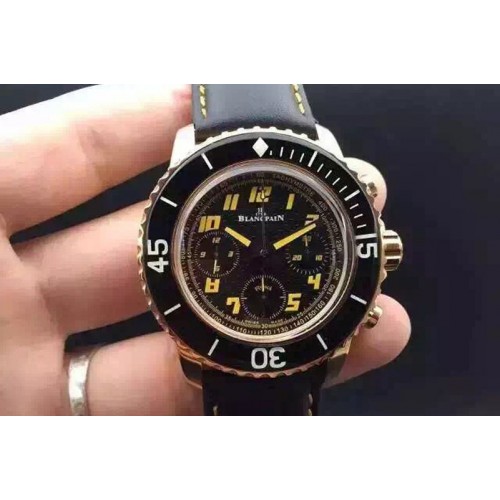 Blancpain Fifty Fathoms Chrono RG Black Dial Yellow Arabic Numerals Marker on Black Leather Strap A7750