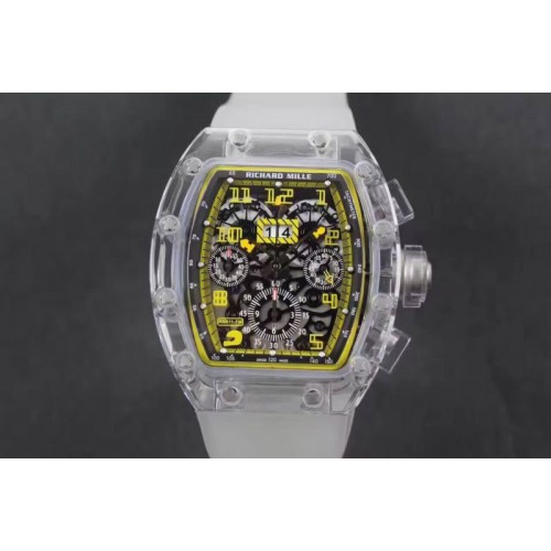 Richard Mille RM011 Transparent Case Yellow/Black Bezel Skeleton Dial on White Rubber Strap A7750 Richard Mille RM011 Transparent Case Yellow/Black Bezel Skeleton Dial on White Rubber Strap A7750
