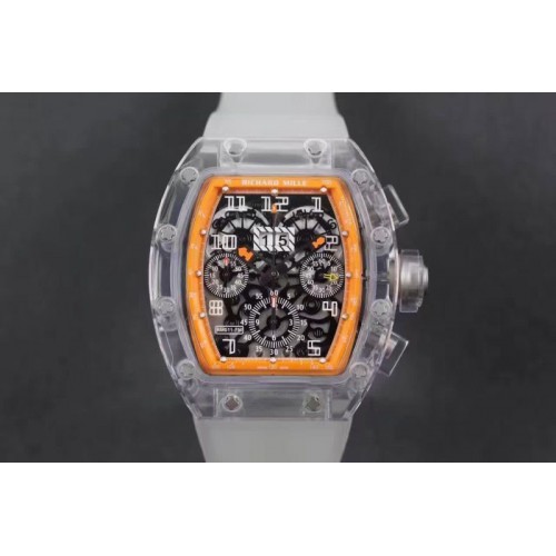 Richard Mille RM011 Transparent Case Orange Bezel Skeleton Dial on White Rubber Strap A7750