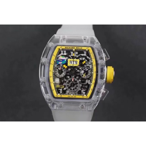 Richard Mille RM011 Transparent Case Yellow Bezel Skeleton Dial on White Rubber Strap A7750 Richard Mille RM011 Transparent Case Yellow Bezel Skeleton Dial on White Rubber Strap A7750