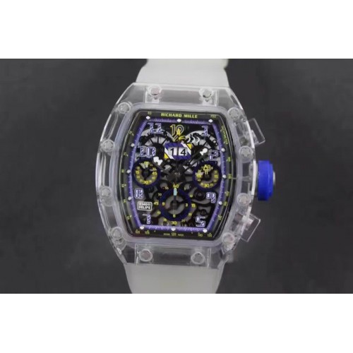 Richard Mille RM011 Transparent Case Black/Blue Bezel Skeleton Dial on White Rubber Strap A7750