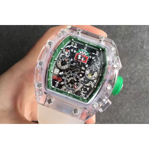Richard Mille RM011 Transparent Case Green Bezel Skeleton Dial on White Rubber Strap A7750