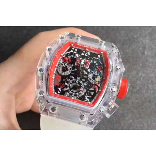Richard Mille RM011 Transparent Case Red/White Bezel Skeleton Dial on White Rubber Strap A7750 Richard Mille RM011 Transparent Case Red/White Bezel Skeleton Dial on White Rubber Strap A7750