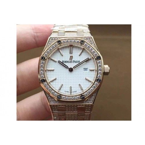 Lady Audemars Piguet Royal Oak 33mm Full Diamond Case RG White Face Swiss Quartz Lady Audemars Piguet Royal Oak 33mm Full Diamond Case RG White Face Swiss Quartz