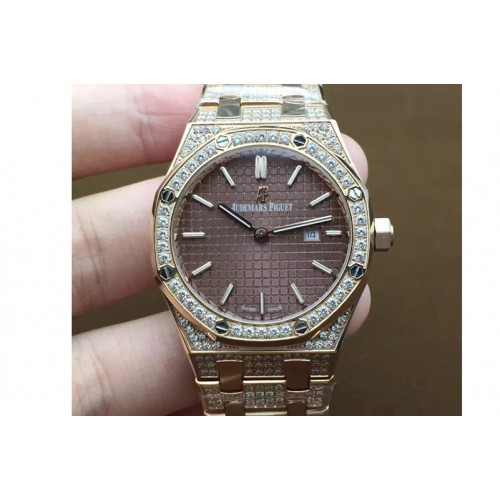 Lady Audemars Piguet Royal Oak 33mm Full Diamond Case RG Brown Face Swiss Quartz