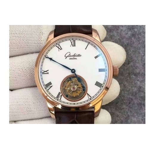 Glashutte Original Senator Excellence Tourbillon RG White Dial on Brown Leather Strap