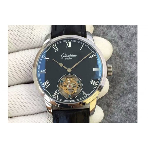 Glashutte Original Senator Excellence Tourbillon SS Black Dial on Black Leather Strap