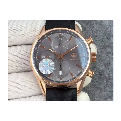 Tag Heuer Carrera CAL1887 Chronograph 41mm RG V6F 1:1 Best Edition Gray Dial On Brown Leather Strap CAL1887 Tag Heuer Carrera CAL1887 Chronograph 41mm RG V6F 1:1 Best Edition Gray Dial On Brown Leather Strap CAL1887