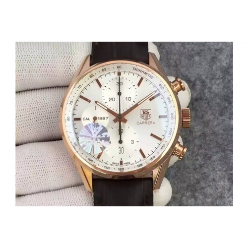 Tag Heuer Carrera CAL1887 Chronograph 41mm RG V6F 1:1 Best Edition White Dial On Brown Leather Strap CAL1887