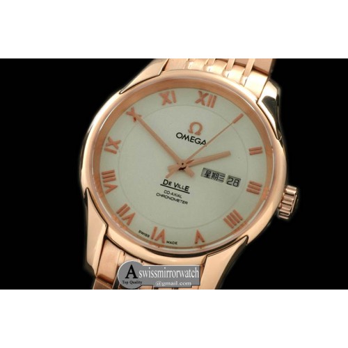 Omega Deville Co Axial Day/Date RG/RG White Asian 2836