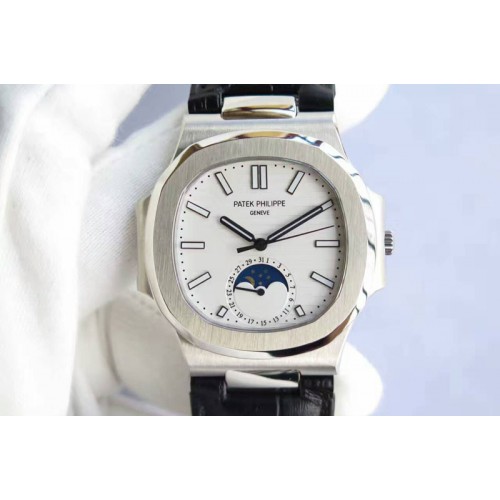 Patek Philippe Nautilus 5726 SS White Dial on Black Leather Strap A324
