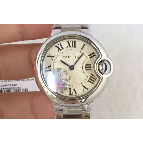 Cartier Ballon Bleu Best Edition 33mm SS White Textured Dial on SS Bracelet On Ronda Quartz