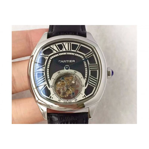 Drive de Cartier Tourbillon SS Black Textured Dial on Black Leather Strap