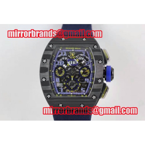 Richard Mille RM 011 SS Forge Carbon Black/Blue Inner Bezel Skeleton Dial on Blue Nylon Strap A7750