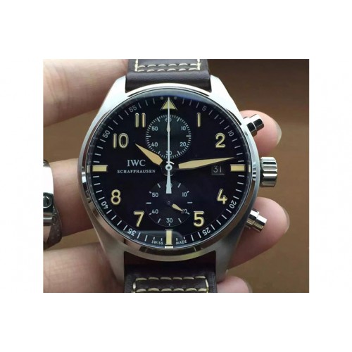 IWC Pilot Chrono SS IW387808 1:1 Best Edition Black Dial on Brown Leather Strap A7750 V2 IWC Pilot Chrono SS IW387808 1:1 Best Edition Black Dial on Brown Leather Strap A7750 V2