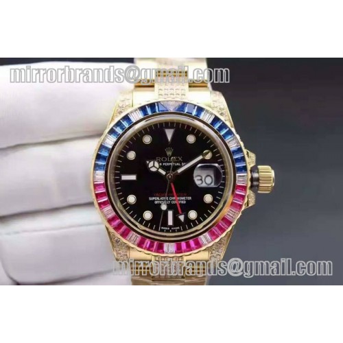 Rolex 50th Anniversary Bling GMT YG/Diamond Black Swiss Eta 2836
